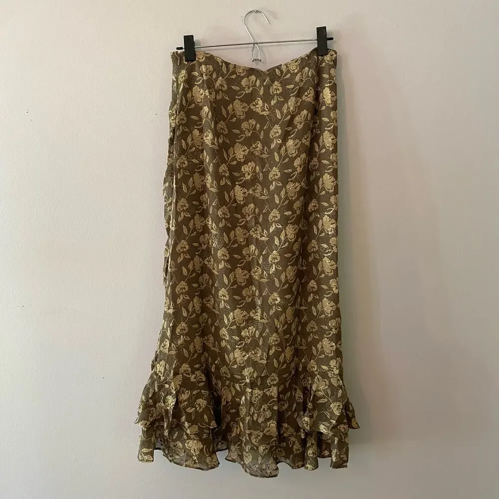 NWT En Saison Whimsical Floral Brown Daphne Ruched Midi Skirt Women size Medium